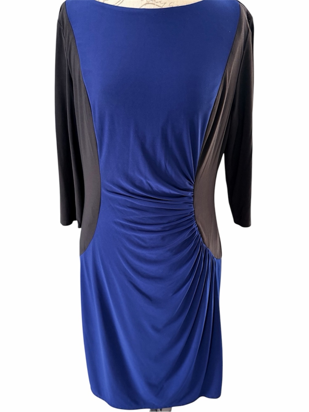 chaps blue black colorblock side ruched 3/4 sleeve sheath dress xl